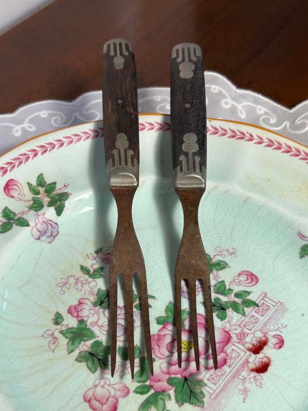 Civil War era 3-tine pewter inlay wood handle forks - set of 2